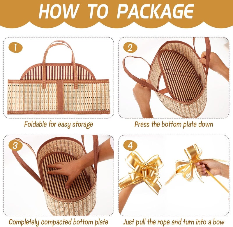 Wenceda 4 Set Baskets for Gifts Empty, Large Gift Empty Bamboo Basket with Handles, Foldable Woven Gift Basket with Wrap Bag/Card/Bow, Sturdy Gift Baskets for Baby Baptisms, Birthday, Christmas, Housewarming - Image 4